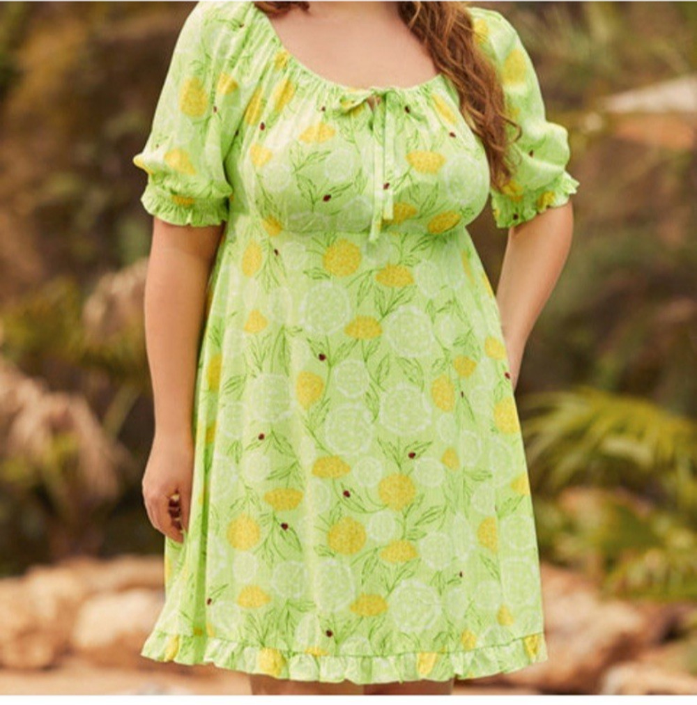ModCloth Babydoll Dress Womens Size 1X NEW Green Floral Ladybug Smocked Mini